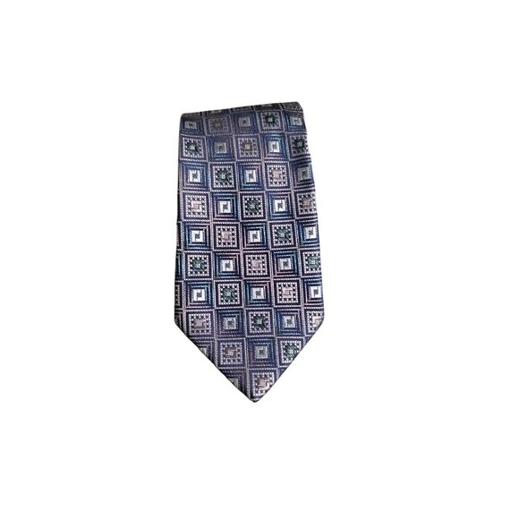 Vintage Tie Stacy Adams 100% Silk Handmade Geometric Square Blue & Silver - Picture 7 of 8
